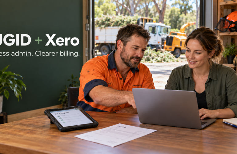 Arborist business owner and administrator reviewing billing on a laptop beside the text “JGID + Xero: Less admin. Clearer billing.”