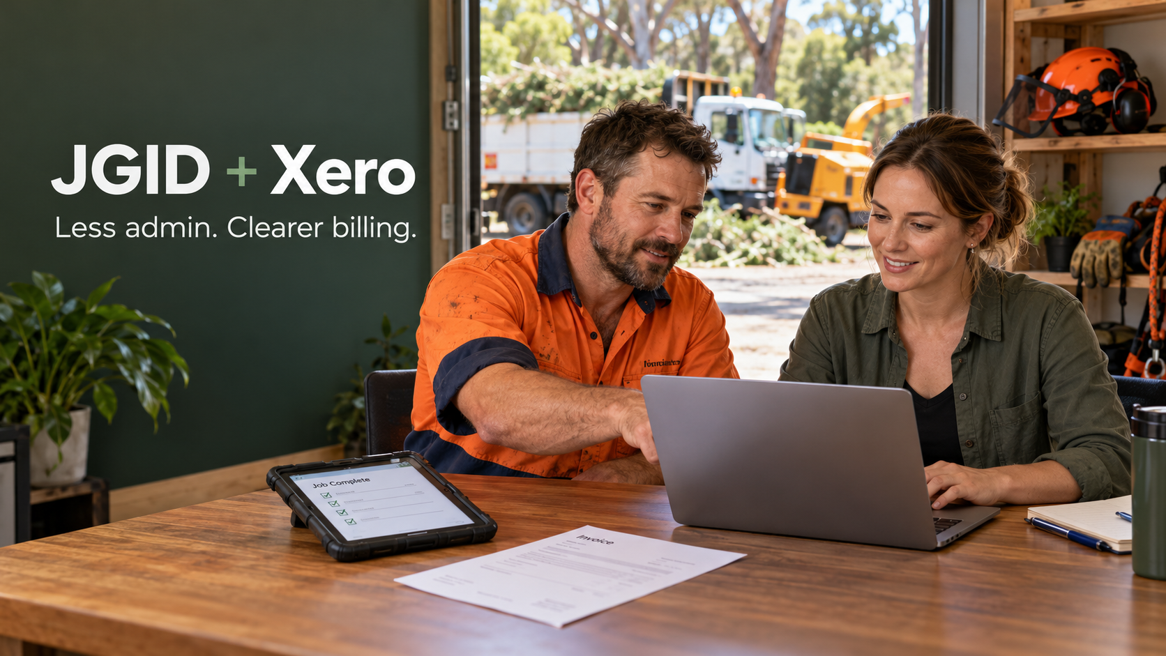 Arborist business owner and administrator reviewing billing on a laptop beside the text “JGID + Xero: Less admin. Clearer billing.”