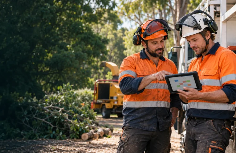 Two arborists reviewing a crew schedule on a tablet beside a tree service truck.