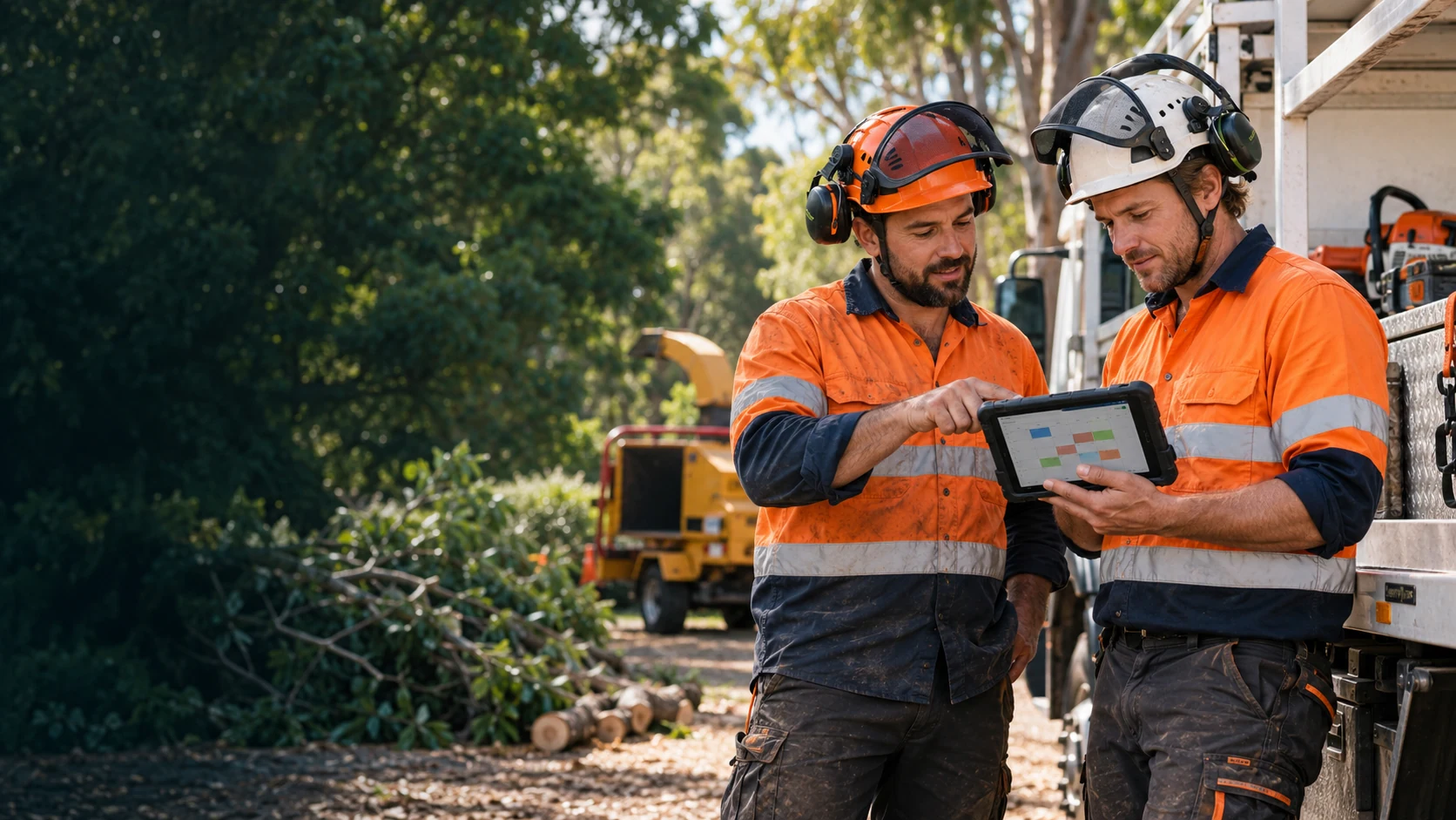 Two arborists reviewing a crew schedule on a tablet beside a tree service truck.